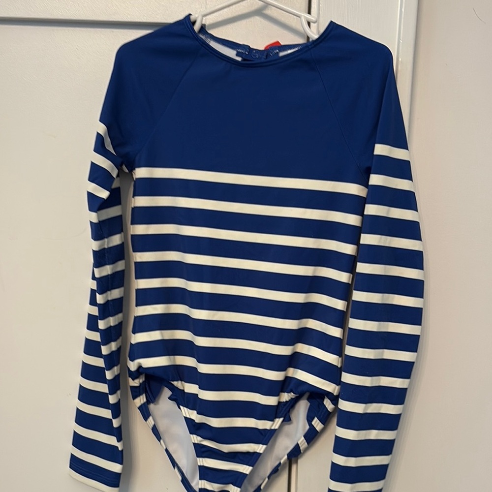Boden Blue and White Striped Kids Rashguard Swimsuit